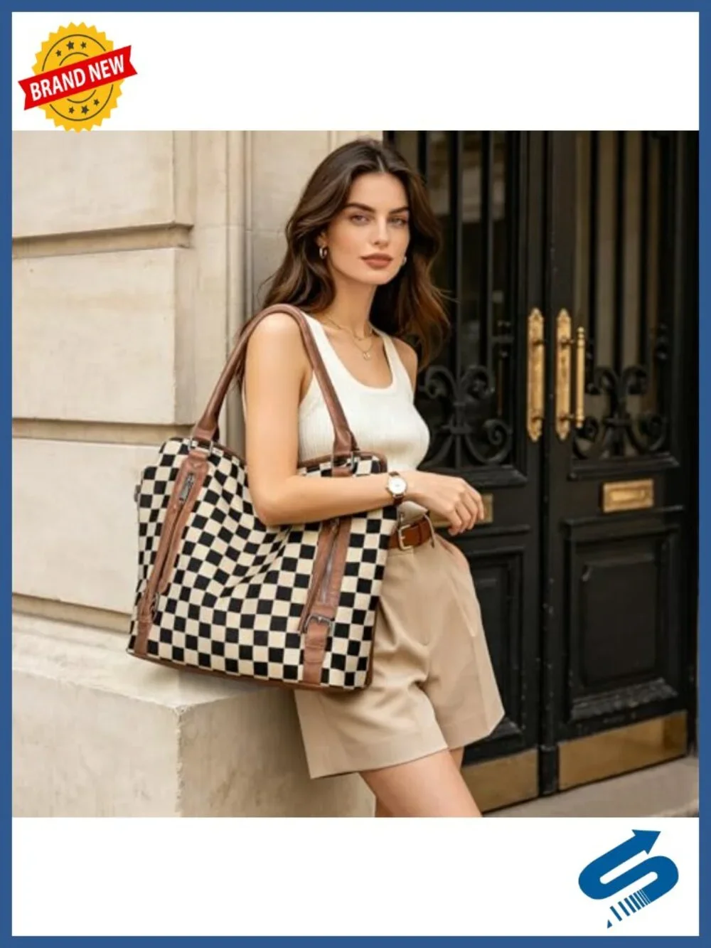 Women's Large Checkered Tote Bag Hobo Shoulder Handbag PU Leather Canvas